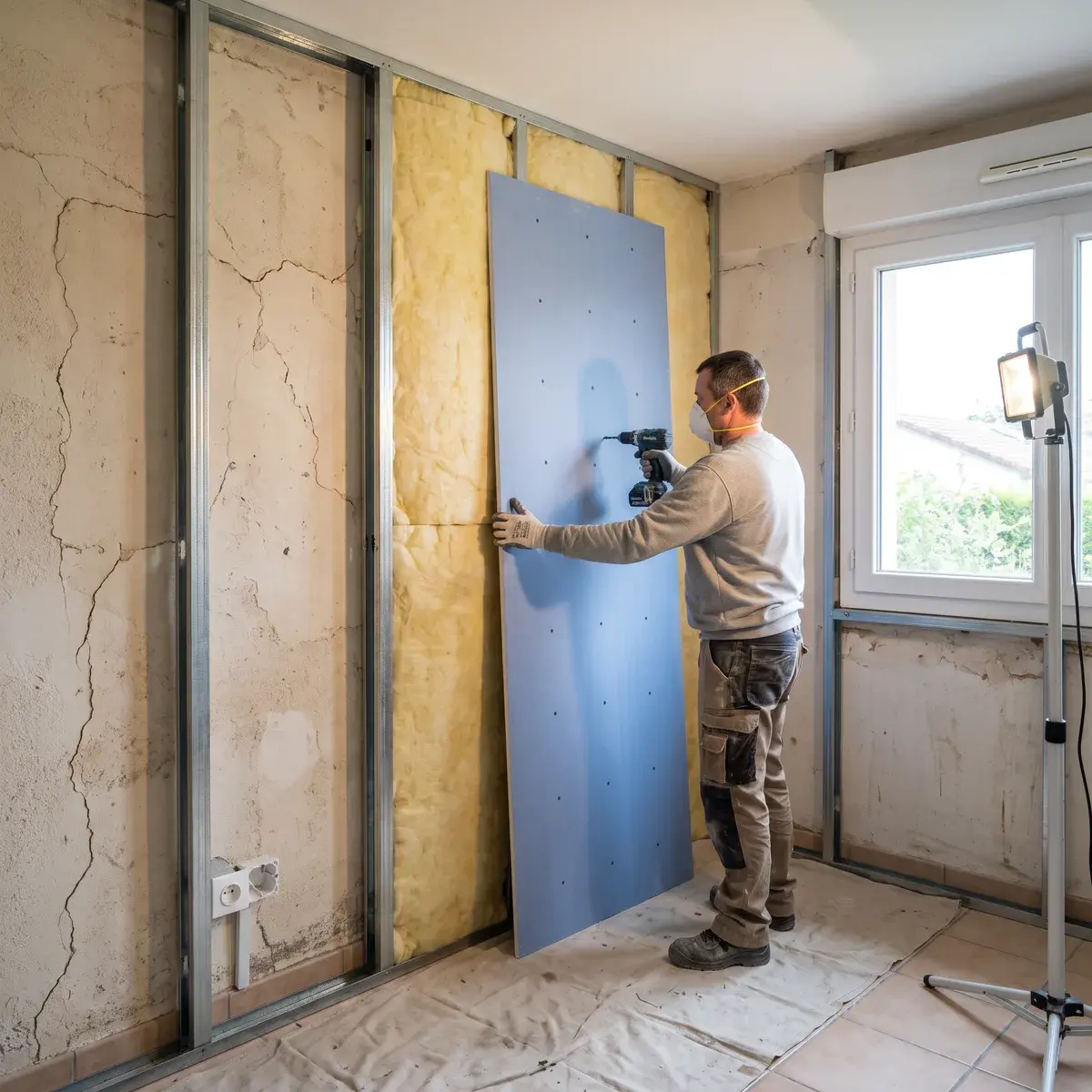 Dans la chambre d’un pavillon en travaux, un plaquiste visse une plaque Placo Phonique bleue sur une ossature métallique garnie de laine de verre Isover PAR Phonic, devant le mur d’origine.