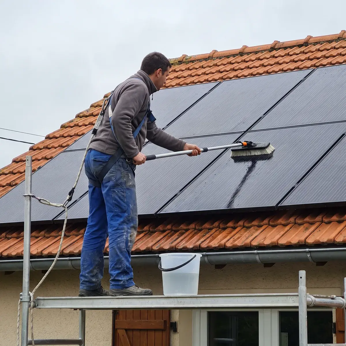 Un technicien nettoie des panneaux solaires à la brosse douce et à l'eau claire depuis un échafaudage