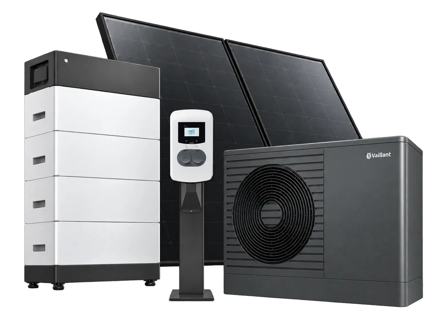 Batterie domestique, panneaux solaires, borne de recharge et pompe à chaleur
