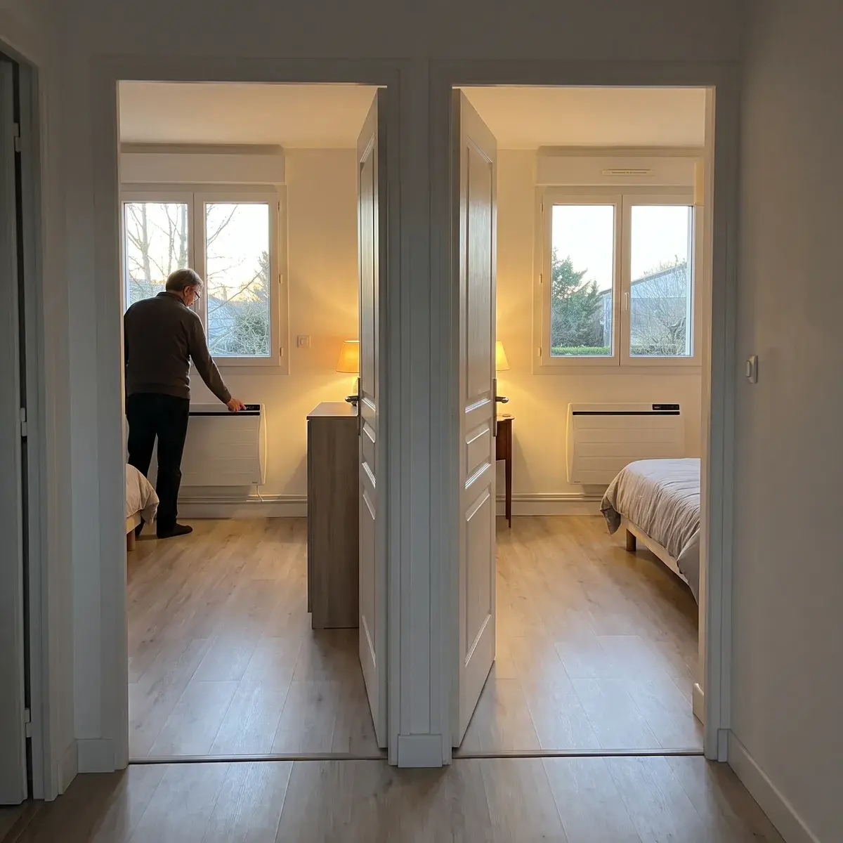 Vue d’un couloir sur deux chambres ouvertes, chacune chauffée par son propre radiateur électrique ; un occupant règle celui de la chambre de gauche.