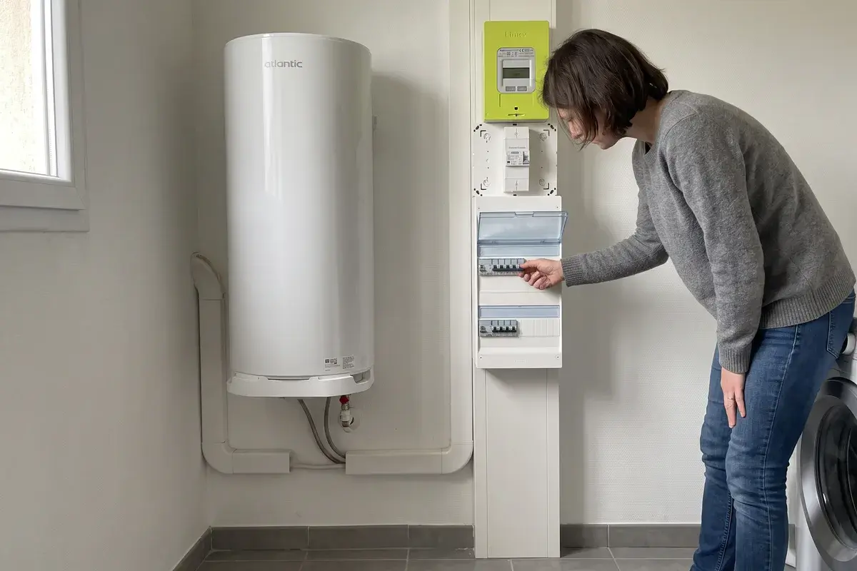 Chauffe-eau électrique Atlantic Chauffeo Plus dans un cellier, à côté de la gaine technique où une habitante vérifie le contacteur heures creuses Legrand du tableau, sous le compteur Linky.