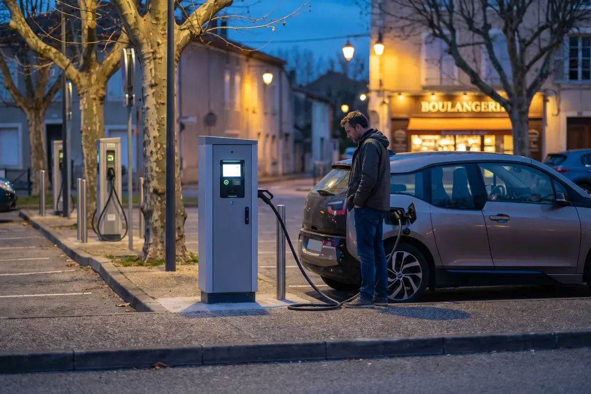 Conducteur attendant près d’une borne publique de recharge rapide branchée sur sa voiture électrique, sur le parking d’une petite ville au crépuscule.