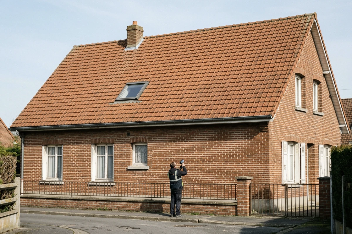 Maison en briques du nord de la France avant la pose, avec un professionnel examinant la toiture en tuiles