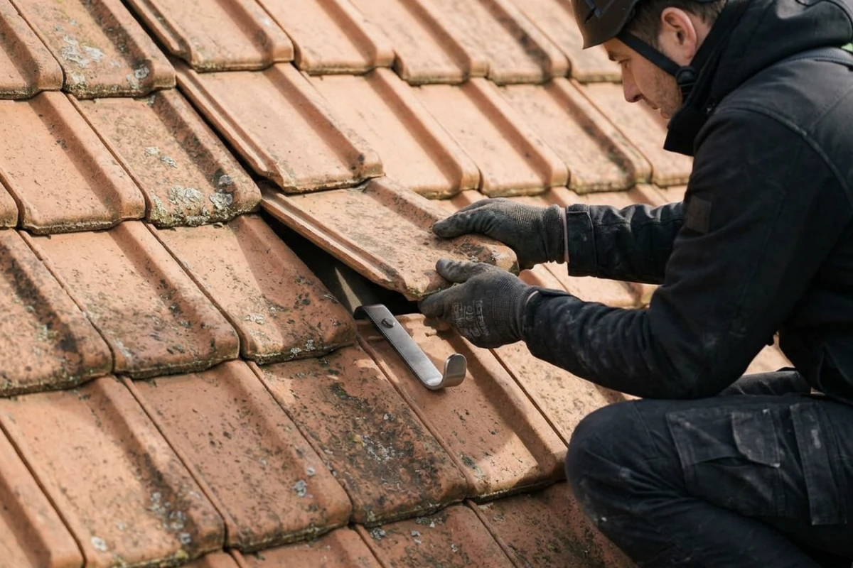 Installateur soulevant une tuile pour vérifier la couverture avant la pose des fixations