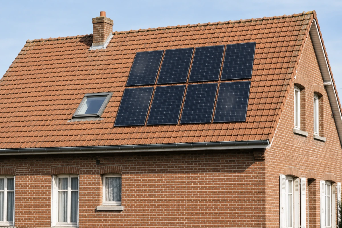 Huit panneaux photovoltaïques noirs installés en deux rangées sur le toit en tuiles de la même maison